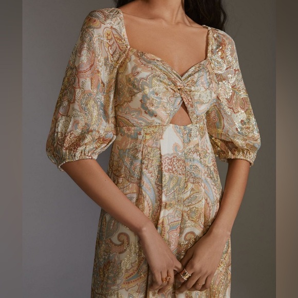 Anthropologie Ranna Gill Metallic Gold Paisley Jumpsuit Small - Picture 5 of 13